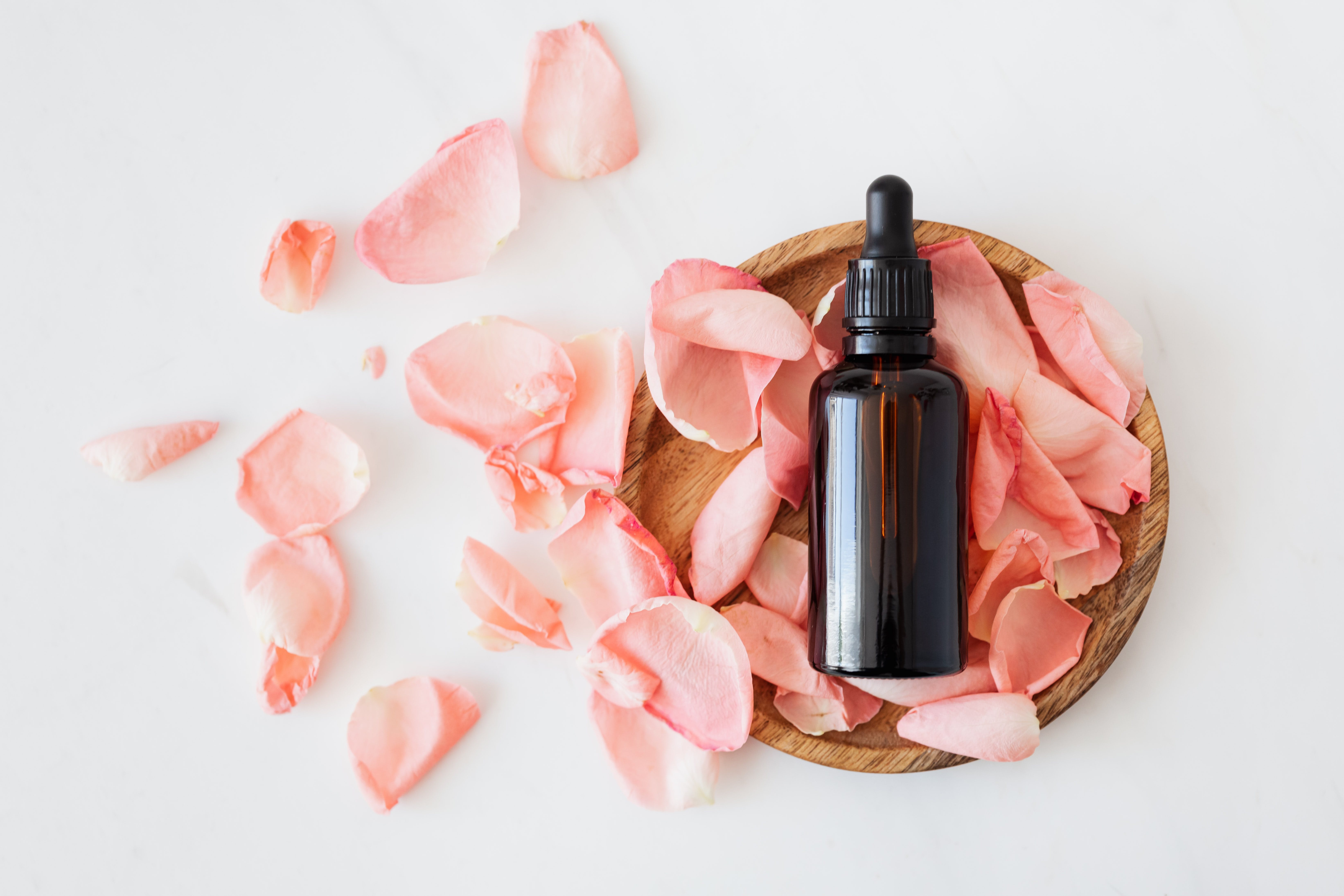 Essential oil bottle on wooden plate surrounded by pink rose petals against white background
